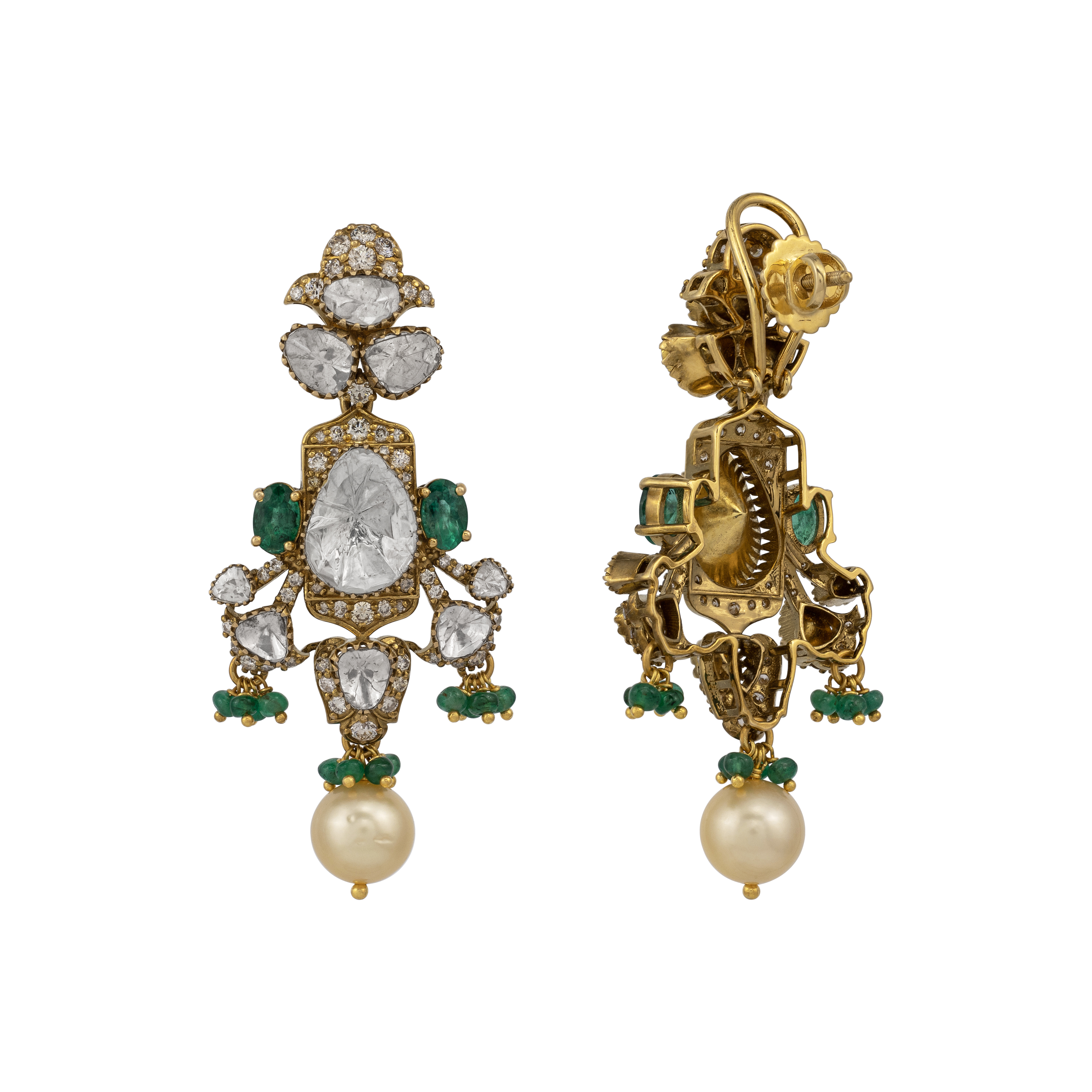 Antique Finish Earrings with Polki and Emerald Beads